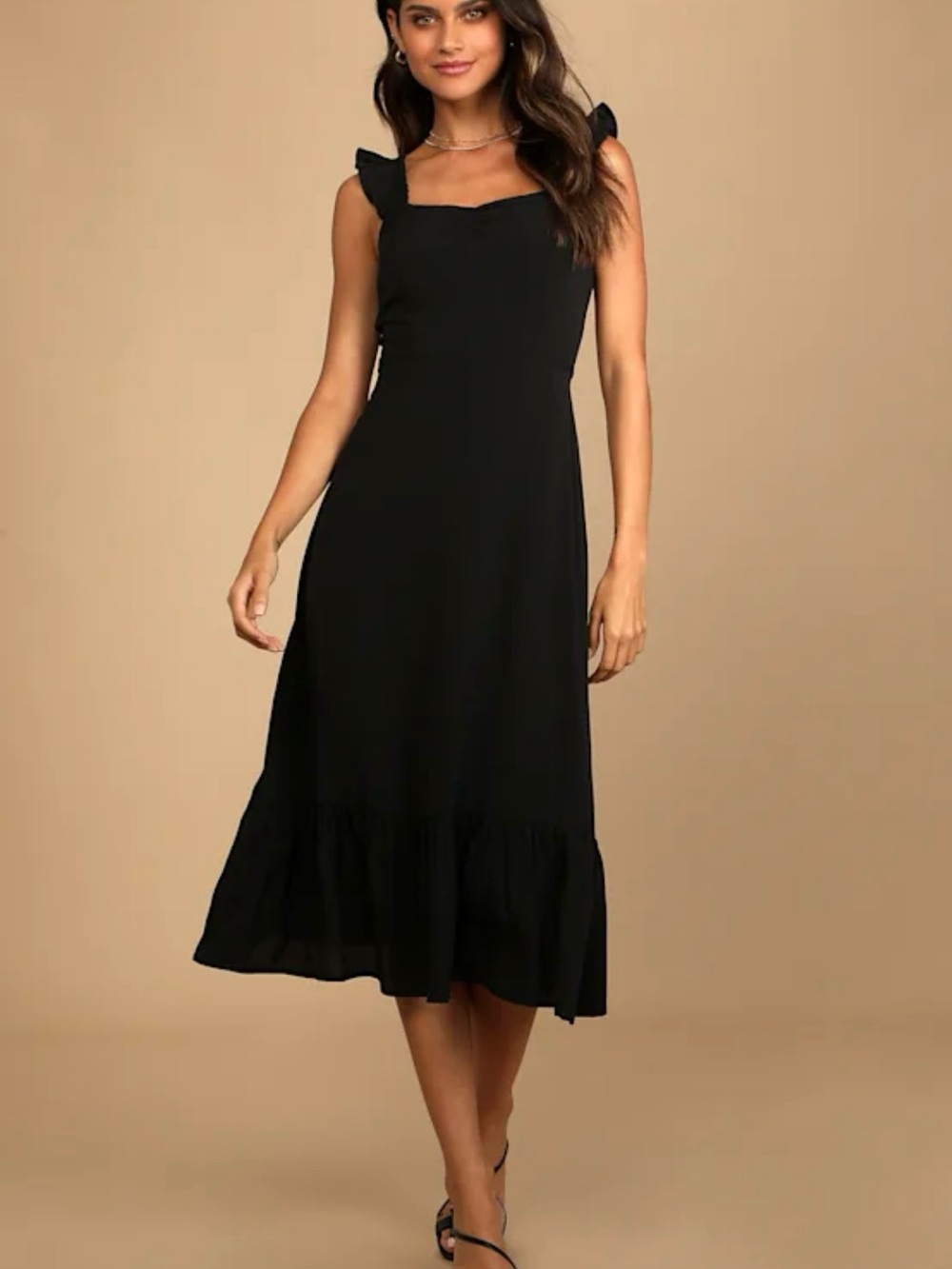 Lulu's Black Square-Neck Ruffle-Hem Midi Dress